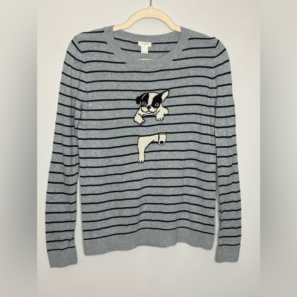 J. Crew Factory Boston Terrier Gray Black Stripe Crew neck sweater size small